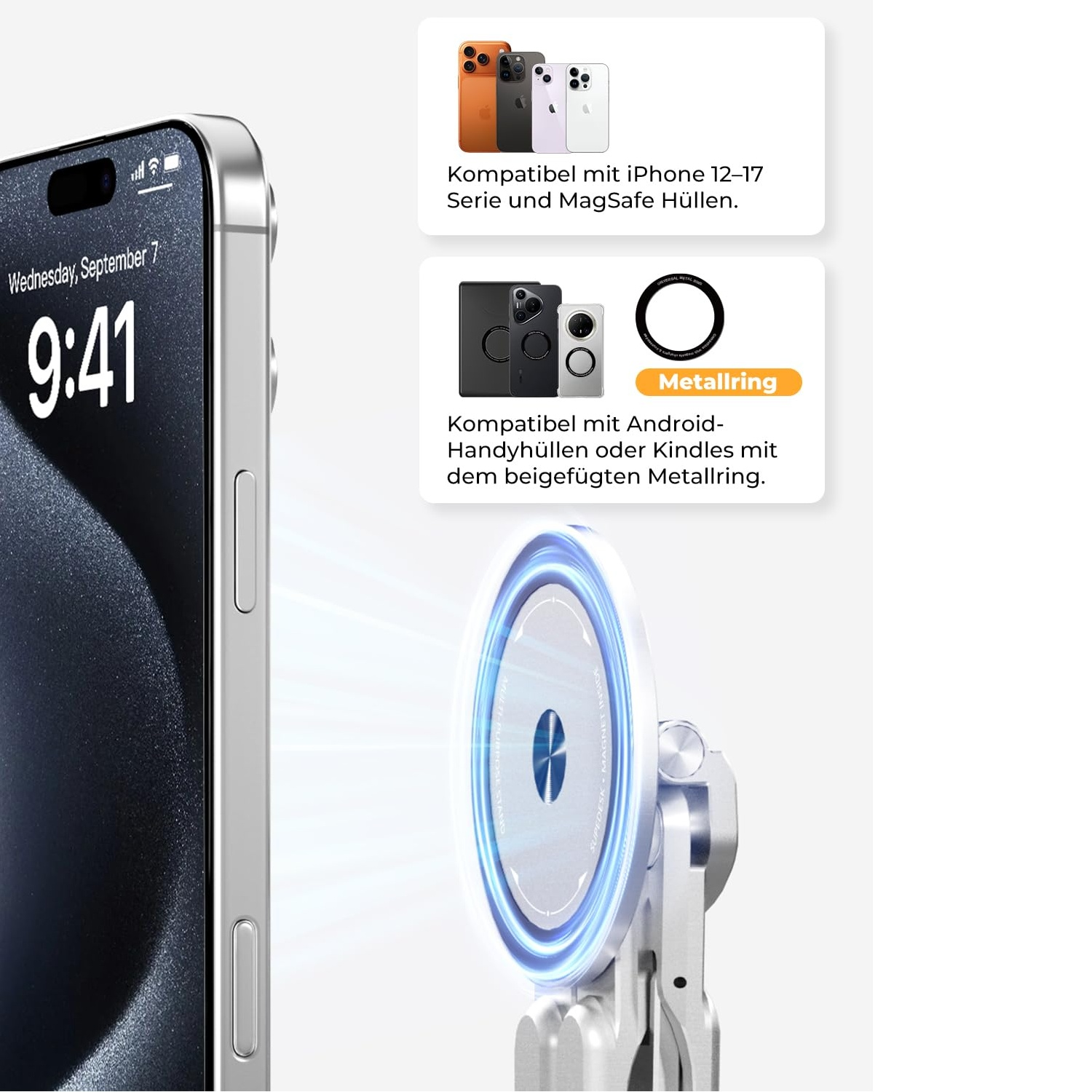 Ein silbernes iPhone zeigt 9:41. Daneben sind Zubehörteile für Handys.