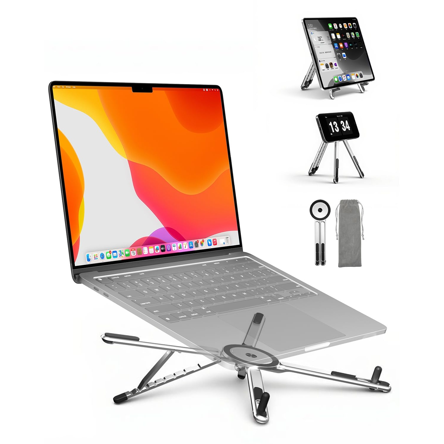 Ein Laptop auf einem silbernen Ständer, daneben ein Tablet und ein Wecker.