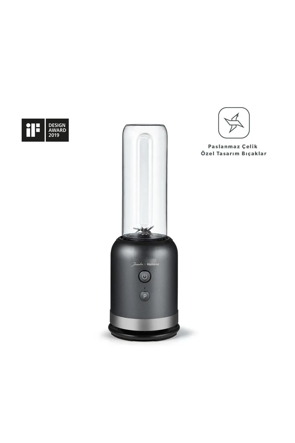 Cam hazne ve gümüş kontrol düğmelerine sahip koyu renkli blender.