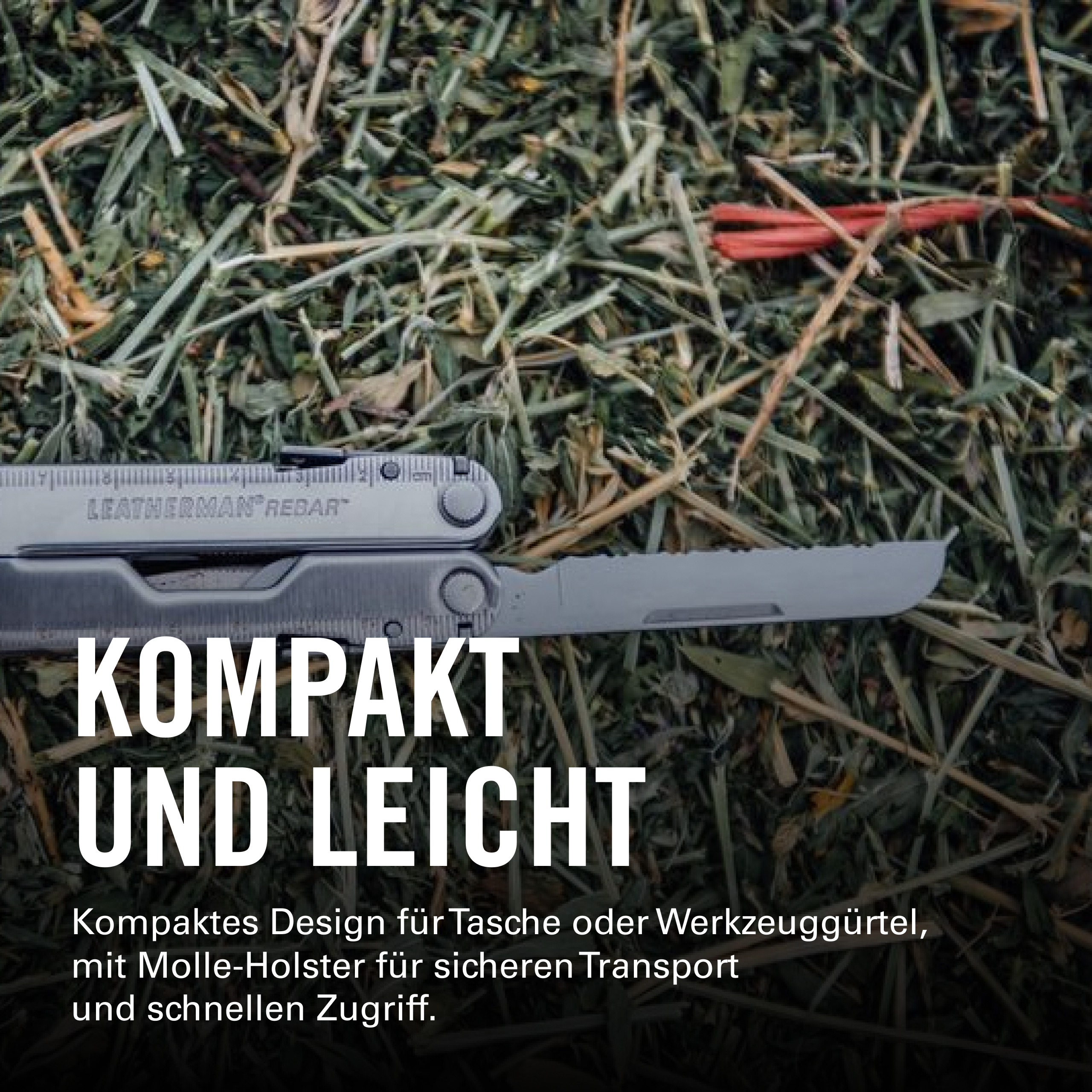 Ein Leatherman Rebar Multitool liegt auf trockenem Gras mit Text.