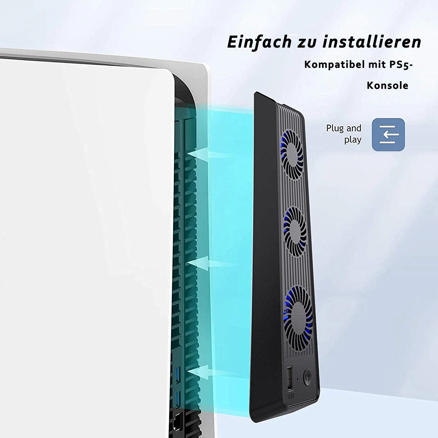 Ein schwarzer Lüfteraufsatz für eine weiße Konsole mit blauen LED-Lüftern.