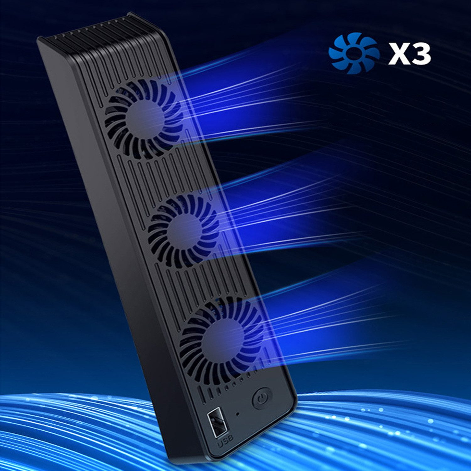 Schwarzer Lüfter mit drei Ventilatoren und blauen Luftstrahlen, X3-Symbol.