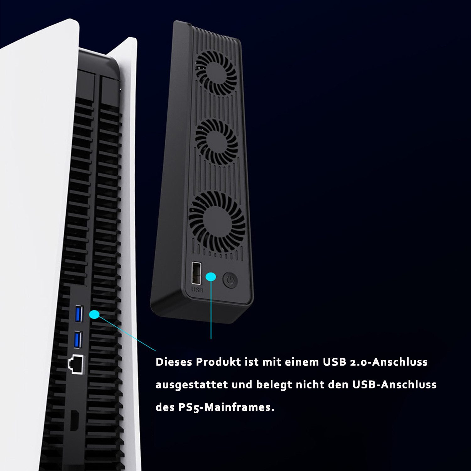Schwarzer Lüfteraufsatz für eine weiße Konsole mit USB-Anschluss.