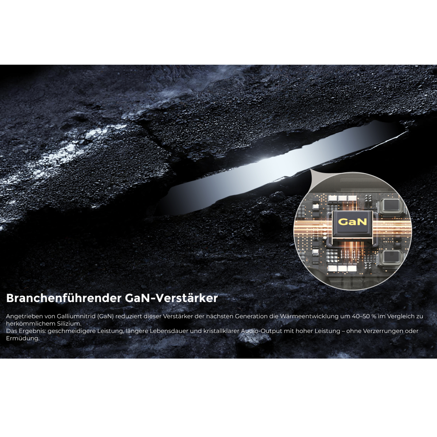 Ein Chip mit GaN-Aufschrift ist auf einer Platine zu sehen, daneben eine dunkle, steinige Landschaft mit Wasserpfütze.