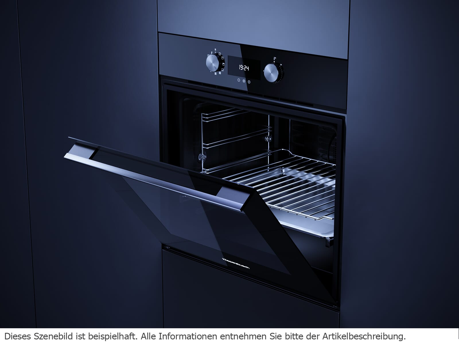 Ein moderner Einbauofen mit geöffneter Tür und silbernen Grillrosten.