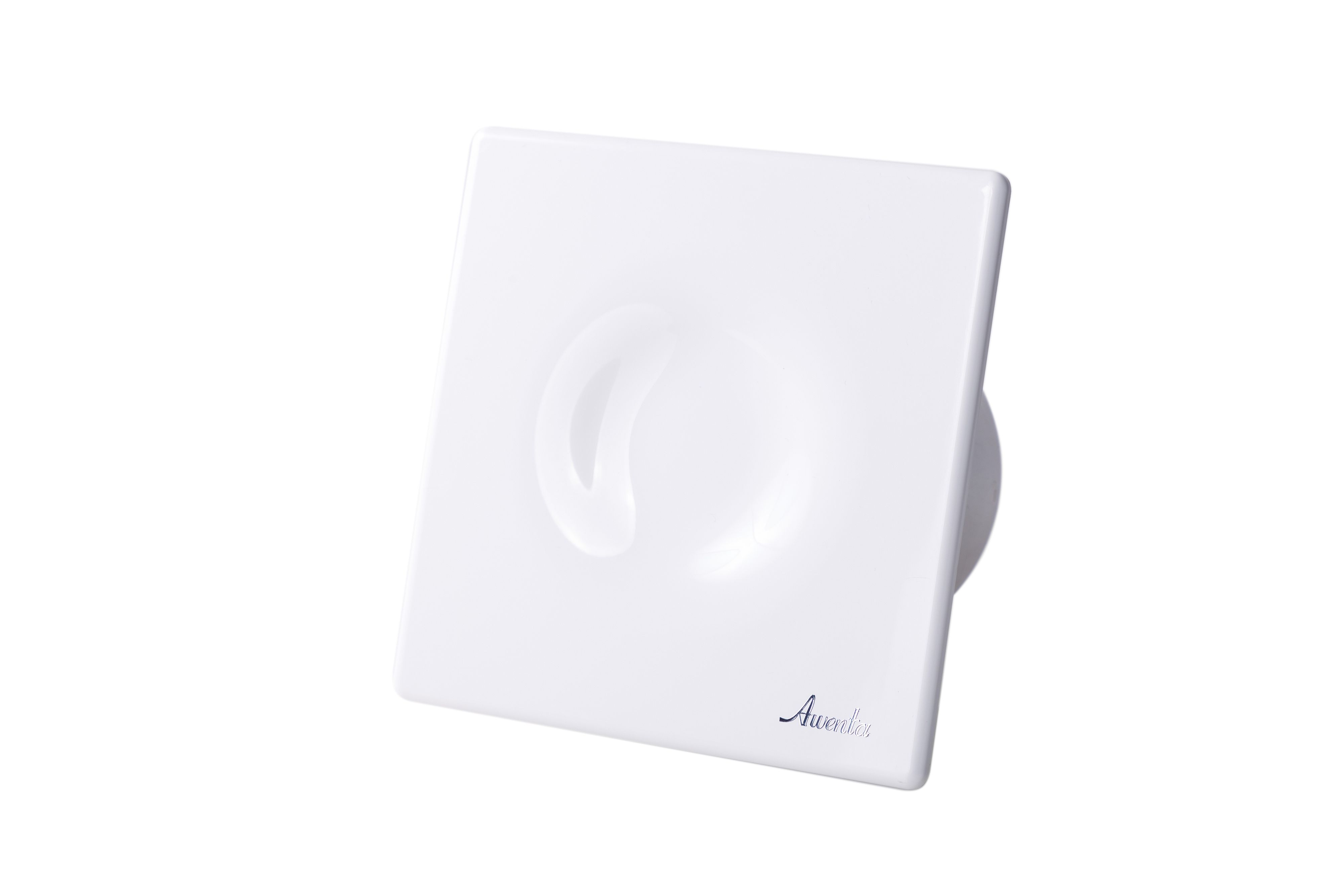 Ein weißer, quadratischer Lüfter mit einem geschwungenen Design auf der Vorderseite.