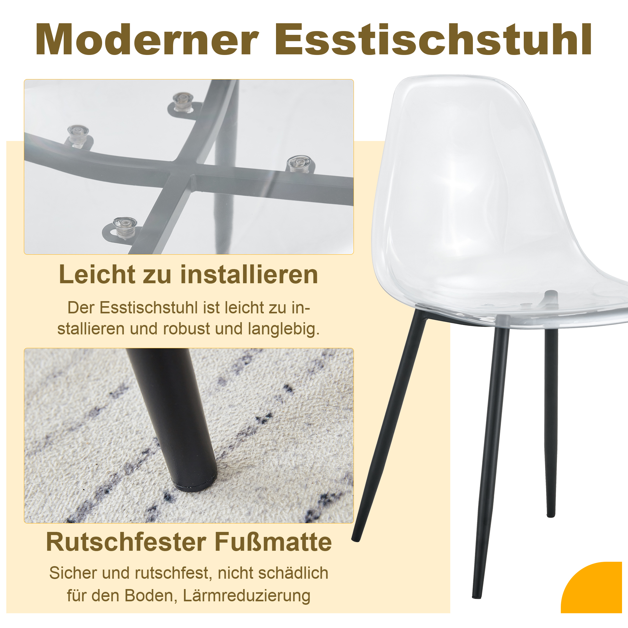 Moderner Stuhl mit transparentem Sitz und schwarzen Beinen.