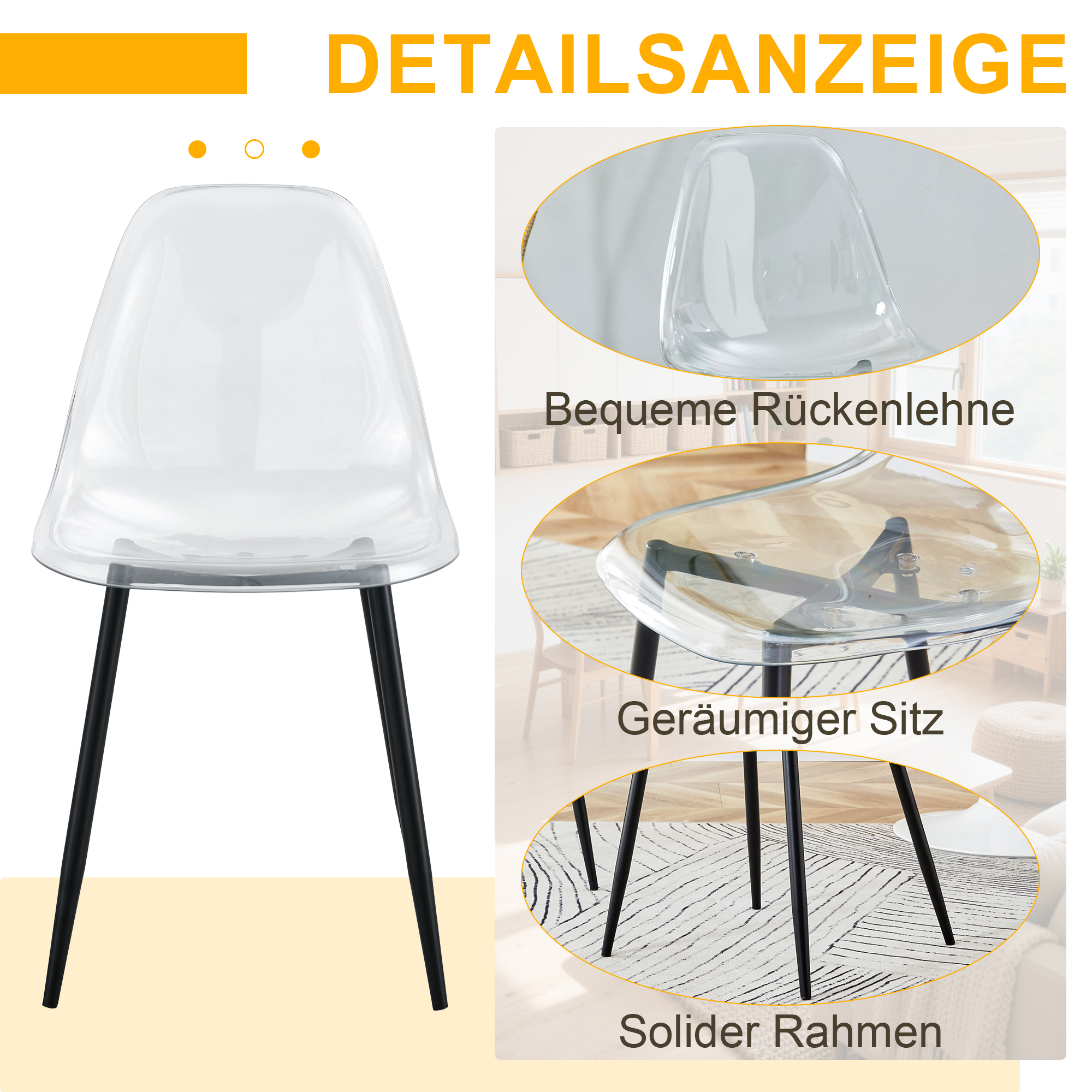 Transparenter Stuhl mit schwarzen Metallbeinen, detaillierte Ansichten.