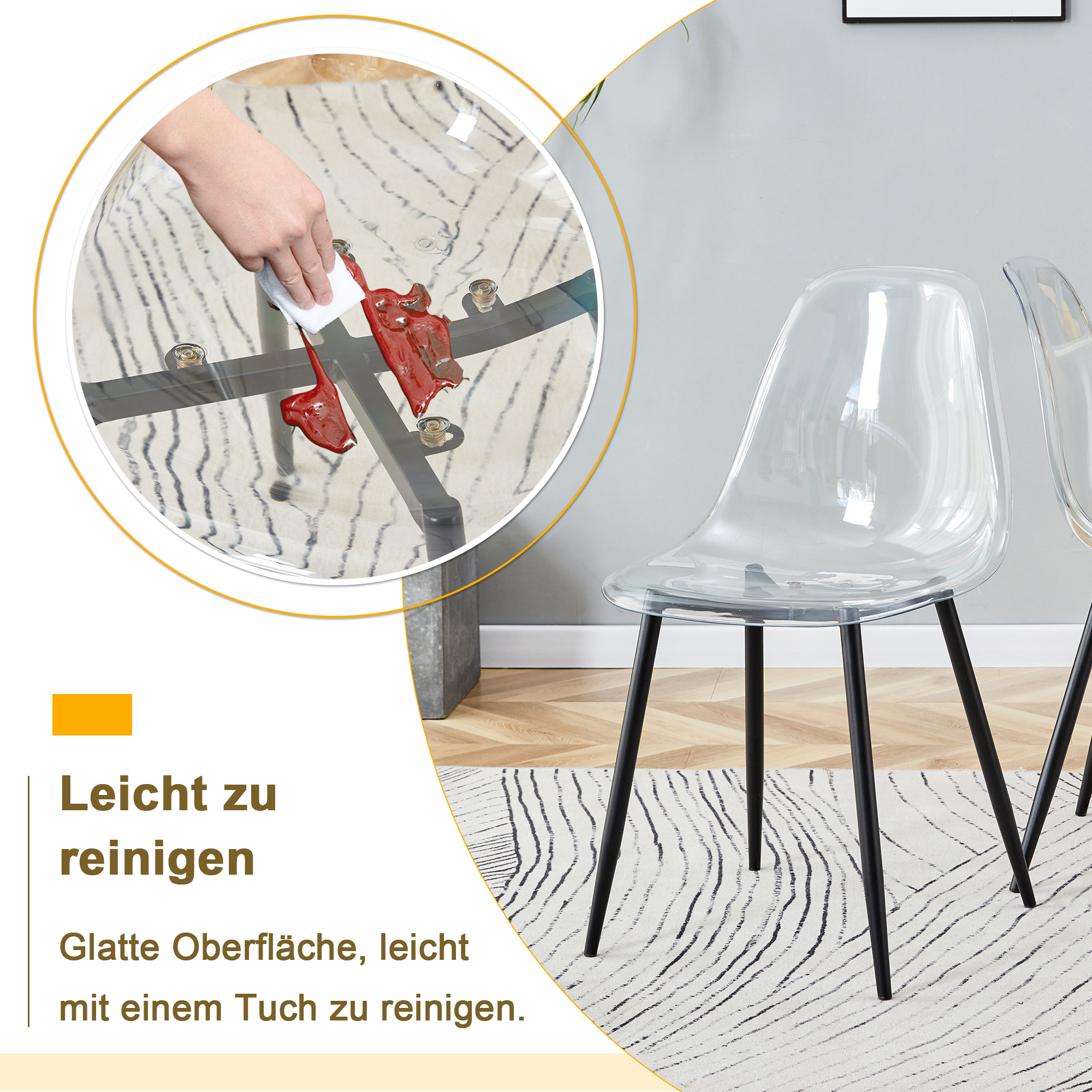 Transparente Stühle mit schwarzen Beinen und einem Teppich, der gereinigt wird.