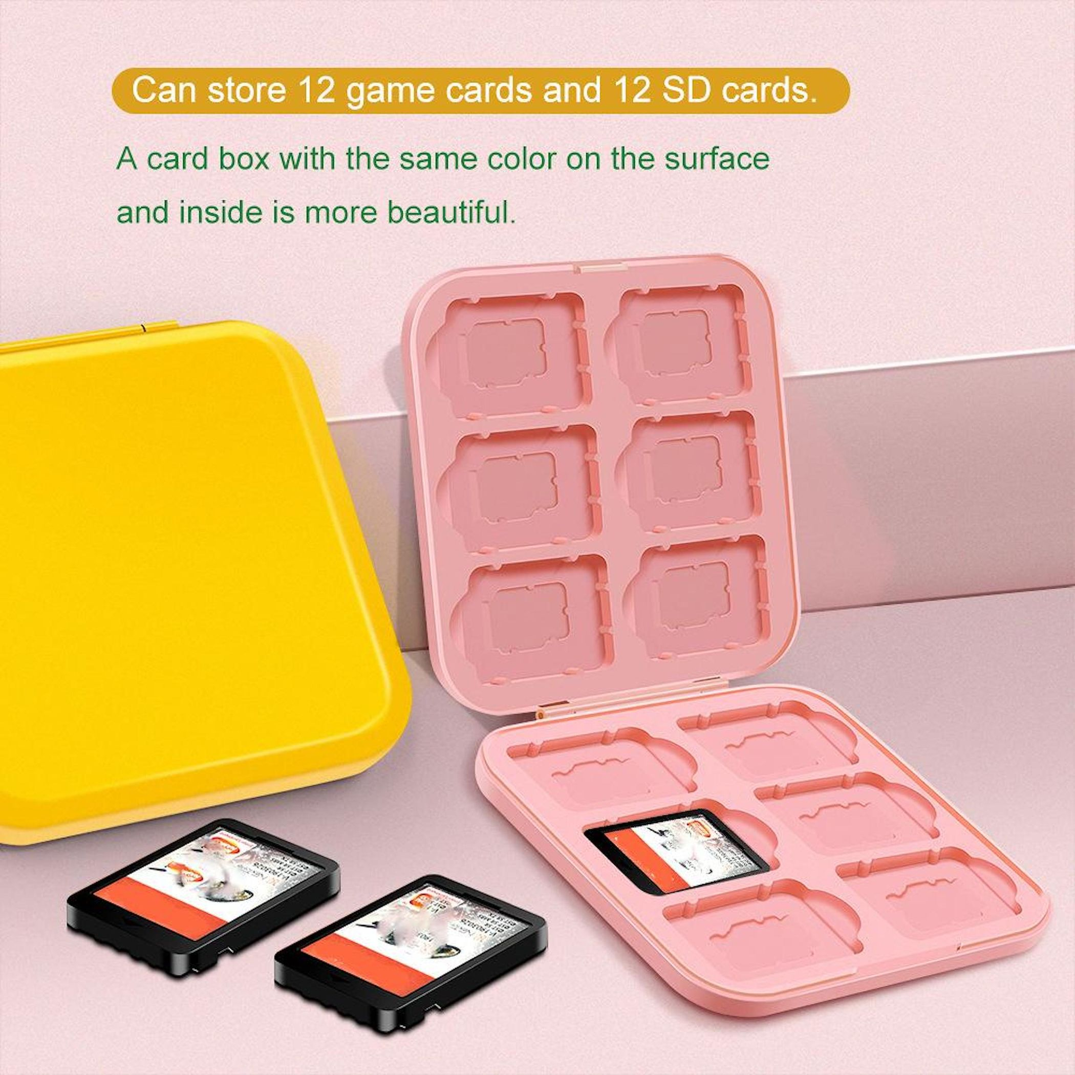 Gelbe und rosa Kartenboxen für 12 Spielkarten und 12 SD-Karten.