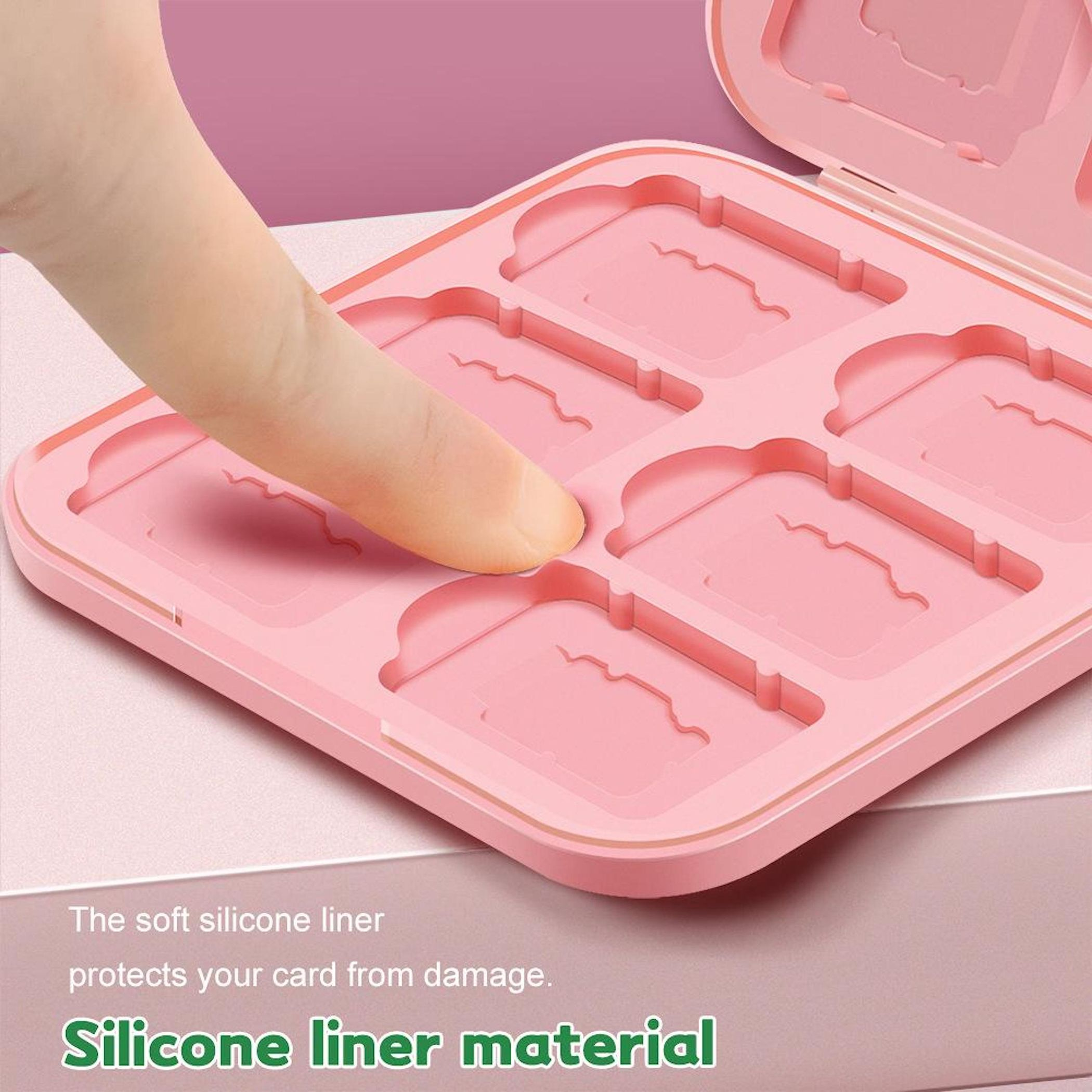 Eine Hand drückt gegen eine rosafarbene Silikonform mit sechs Fächern.