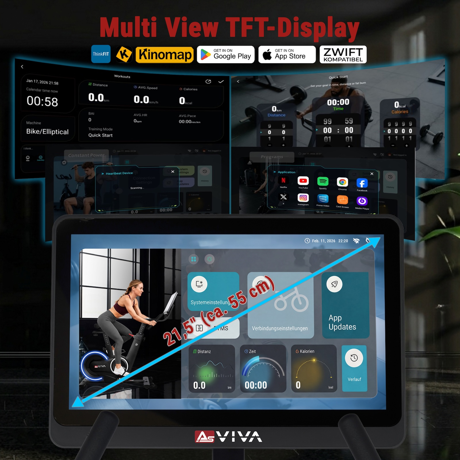 Mehransicht-TFT-Display mit Trainingsdaten, App-Icons und einer Frau auf einem Heimtrainer.
