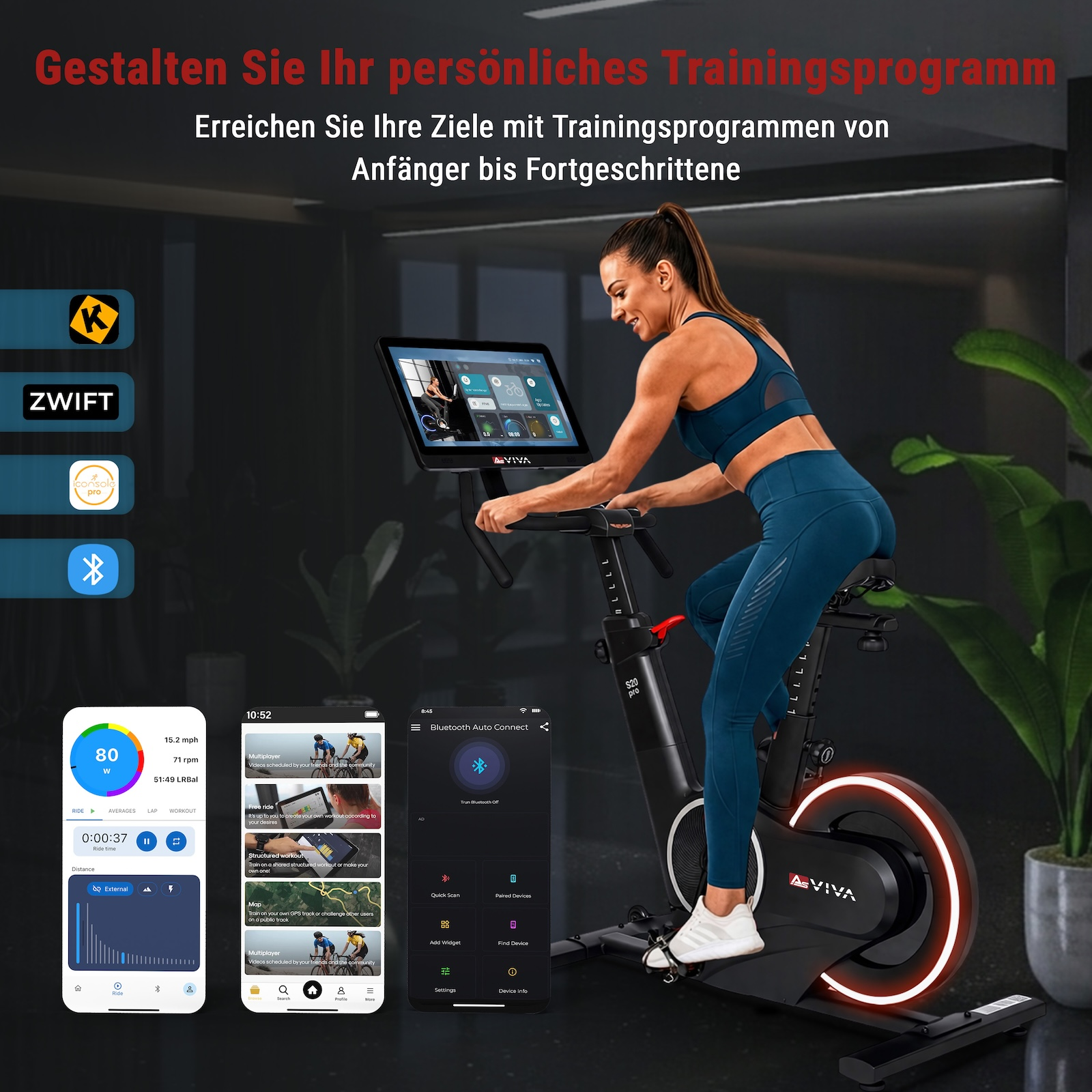 Frau trainiert auf einem Heimtrainer mit Bildschirm, der Apps und Trainingsdaten anzeigt.