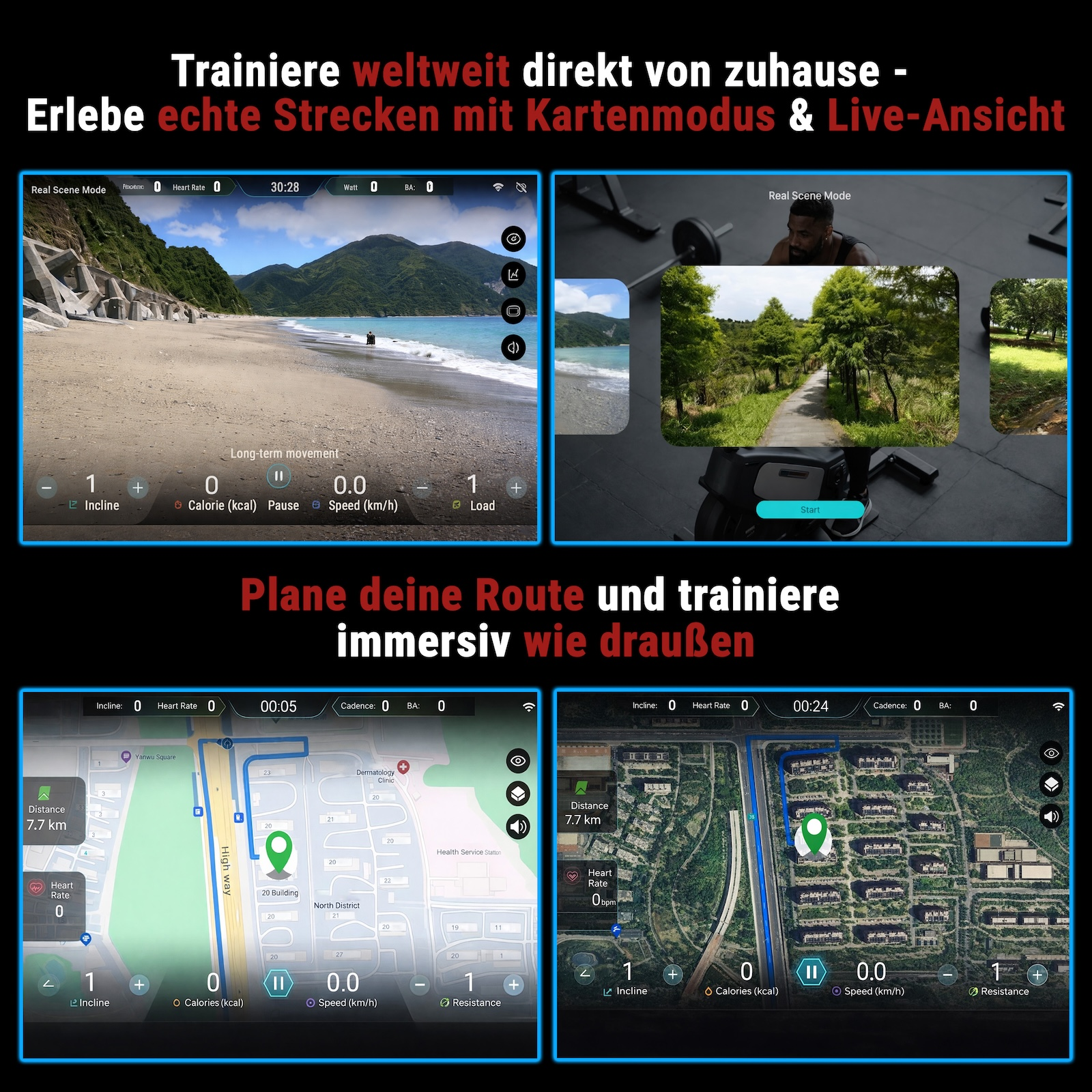 Fitness-App-Display mit Strand, Wald und Kartenansichten.