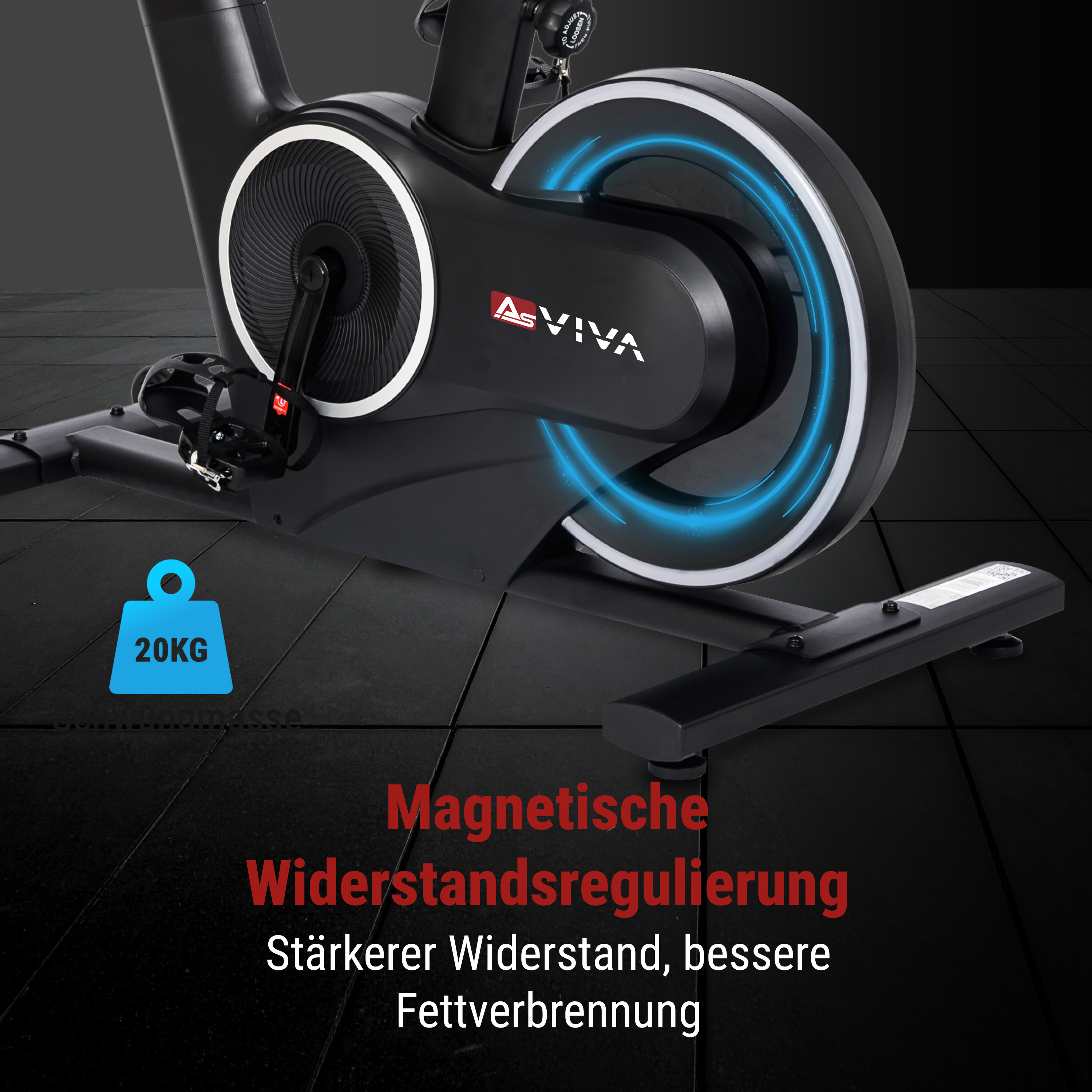 Ein schwarzes Indoor-Fahrrad mit blauem Lichteffekt und Gewichtsangabe.
