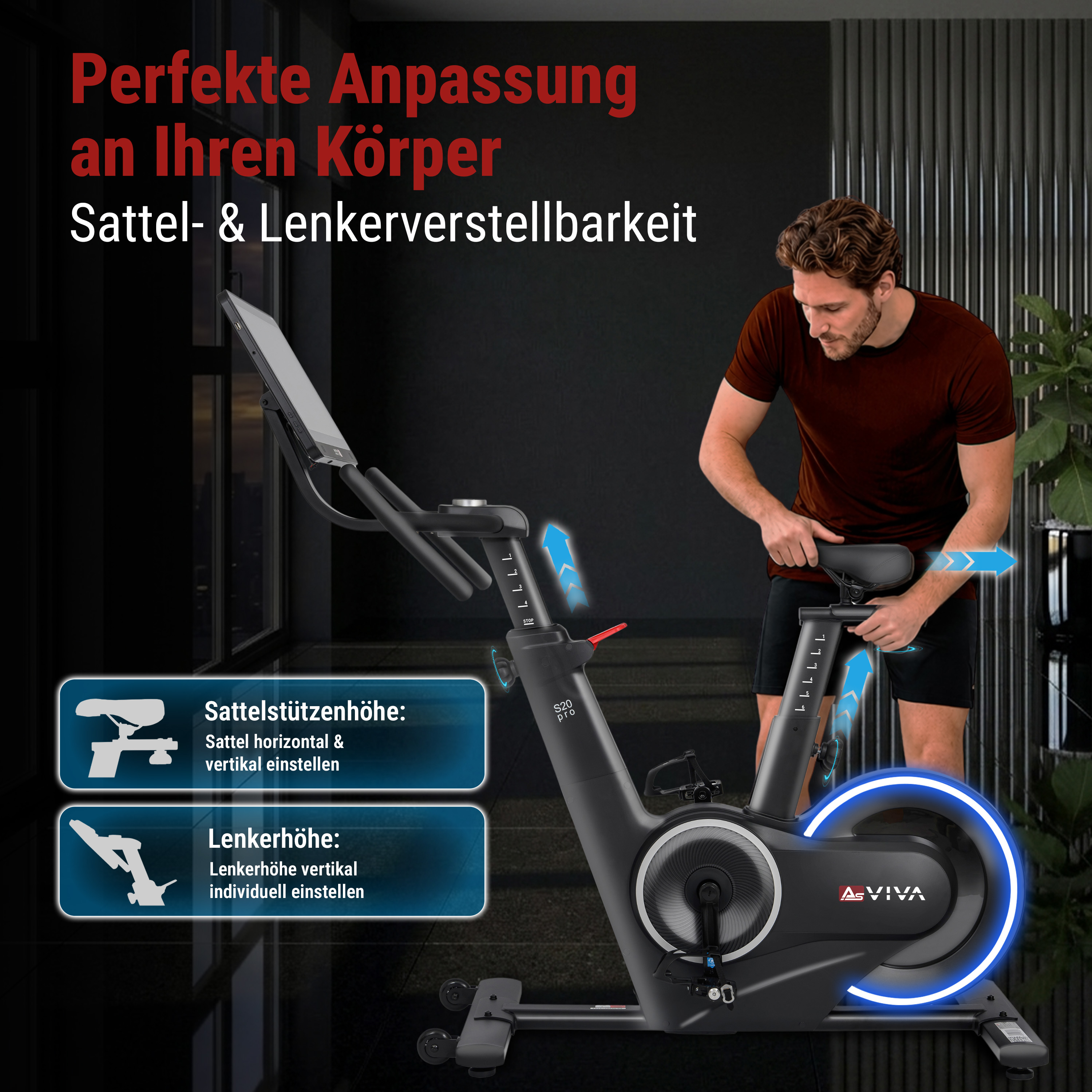Mann verstellt Sattel eines schwarzen Heimtrainers mit Bildschirm. Anpassbare Höhe.