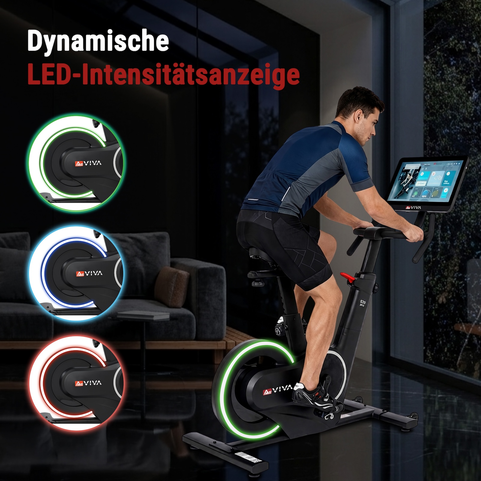 Mann auf Heimtrainer mit leuchtenden LED-Ringen in Grün, Blau und Rot.