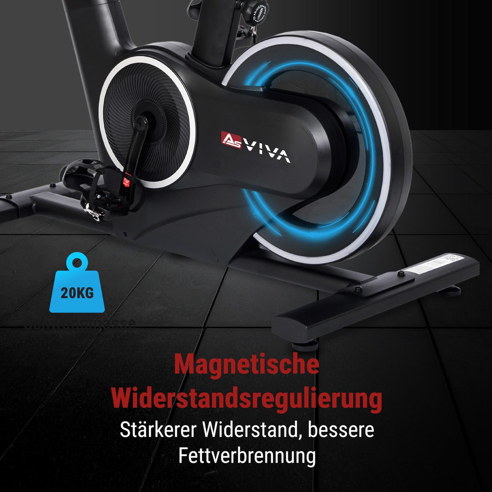 Schwarzes Fahrrad mit 20kg Schwungrad und Magnetsteuerung.