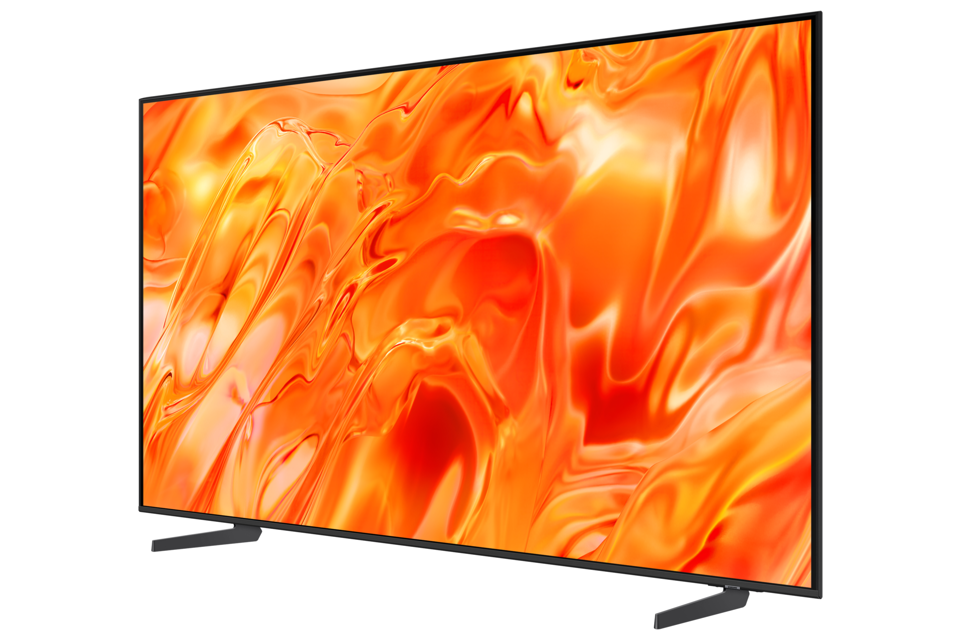 Ein moderner Fernseher mit einem lebendigen, orange-gelben Bildschirmschoner.