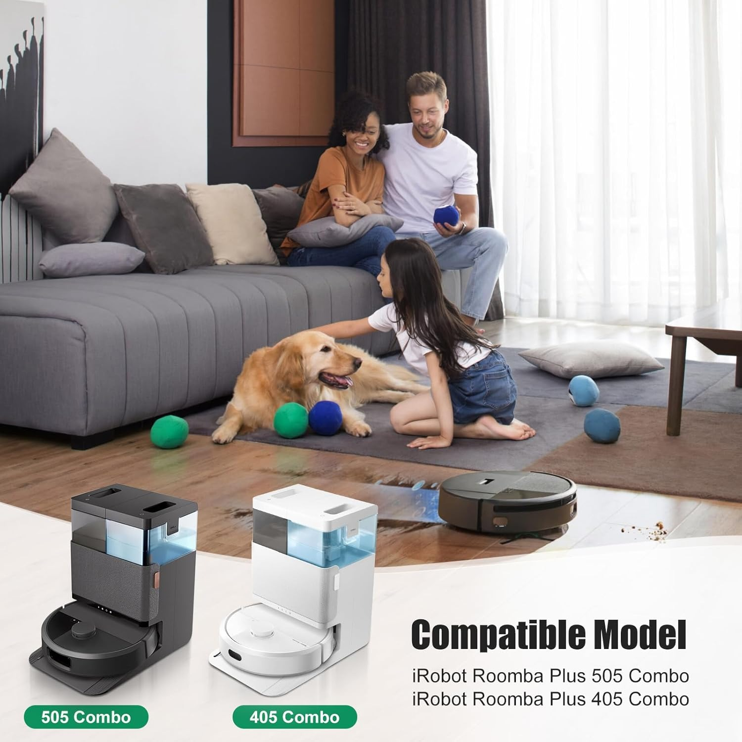 Familie mit Hund im Wohnzimmer, Roboterstaubsauger und Ladestationen.
