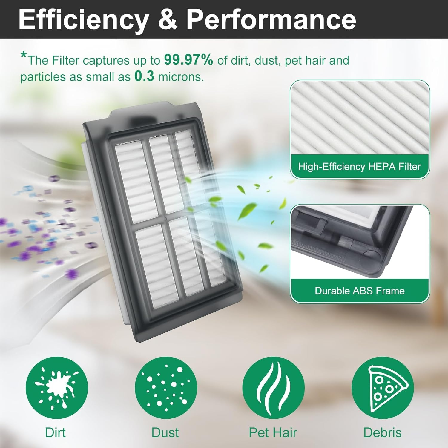 Ein HEPA-Filter erfasst 99,97 % Schmutz, Staub, Tierhaare und Partikel.