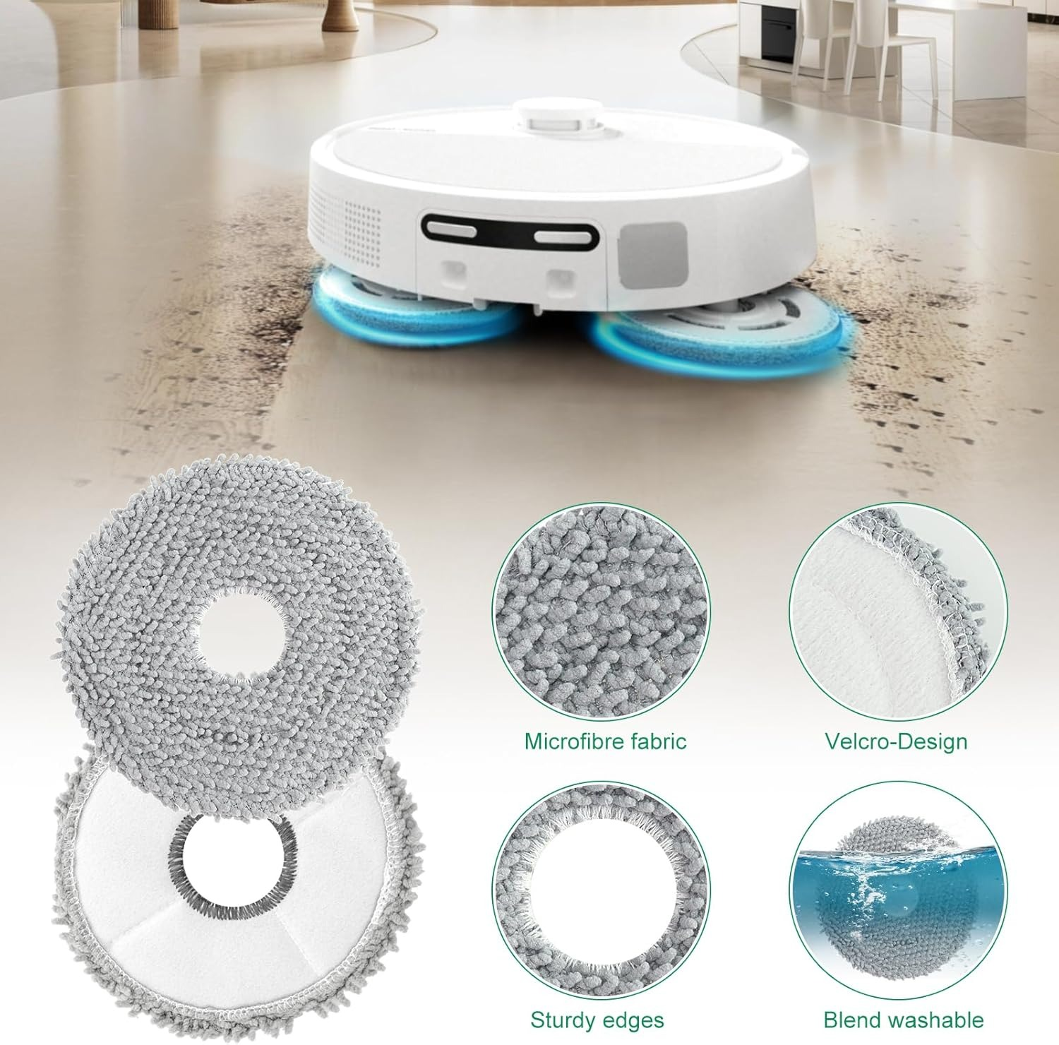 Weiße Roboter-Wischmopp reinigt schmutzigen Boden. Mopp-Pads nah gezeigt.