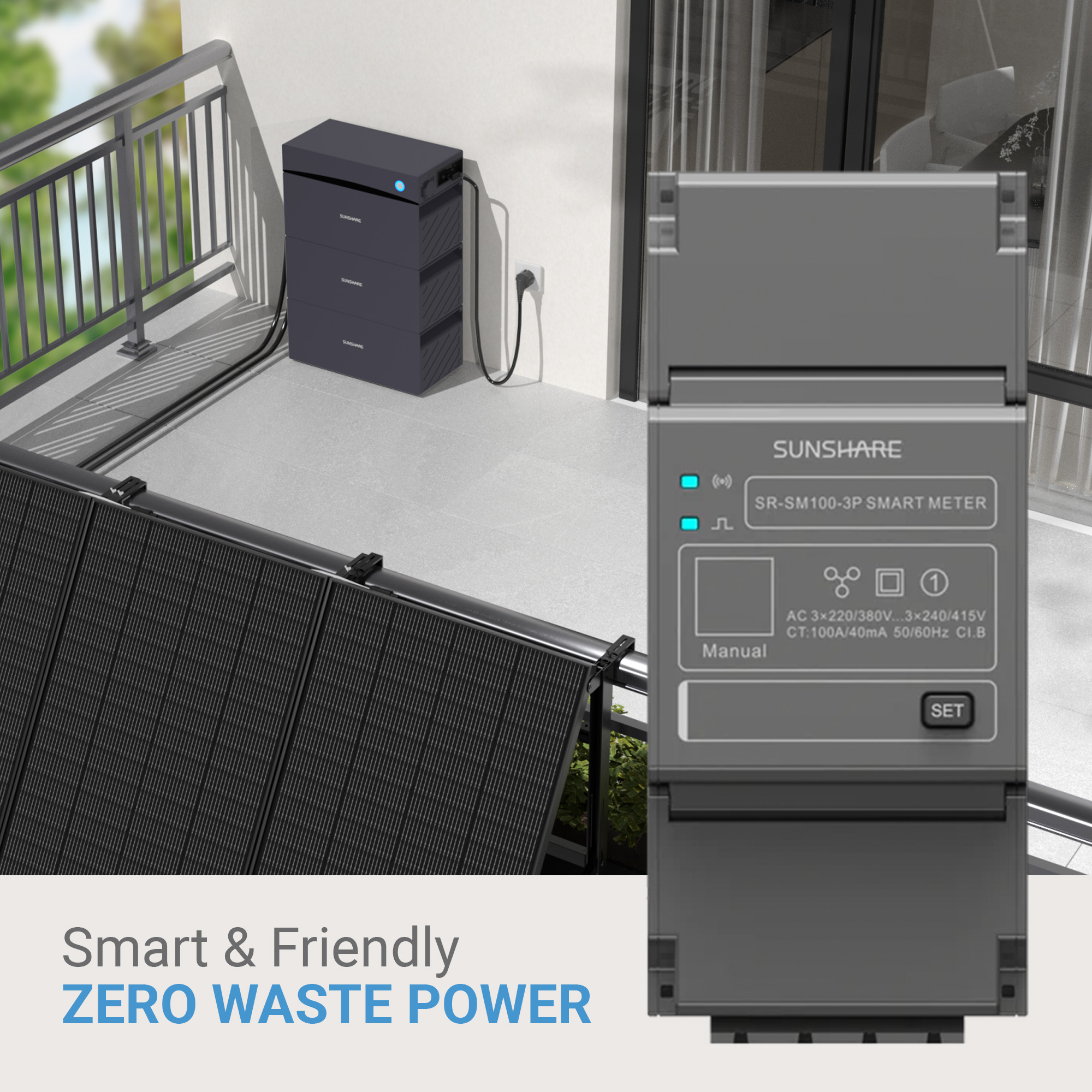 Ein Balkon mit Solarzellen, einer Powerstation und einem Smart Meter.
