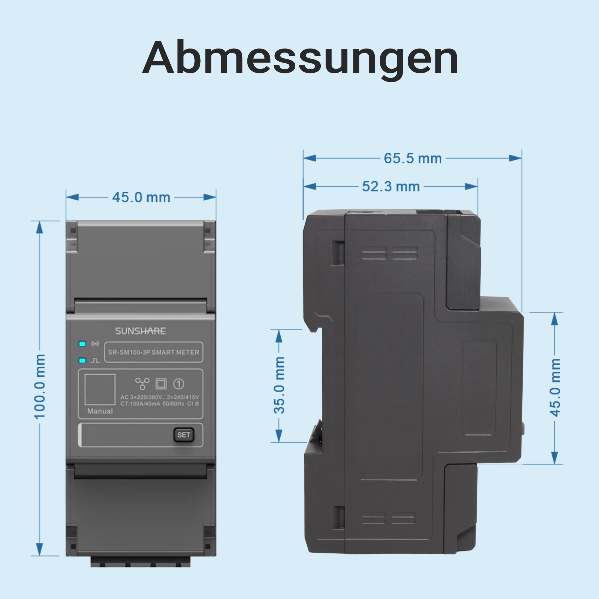 Abmessungen eines grauen Stromzählers mit Maßen in mm.