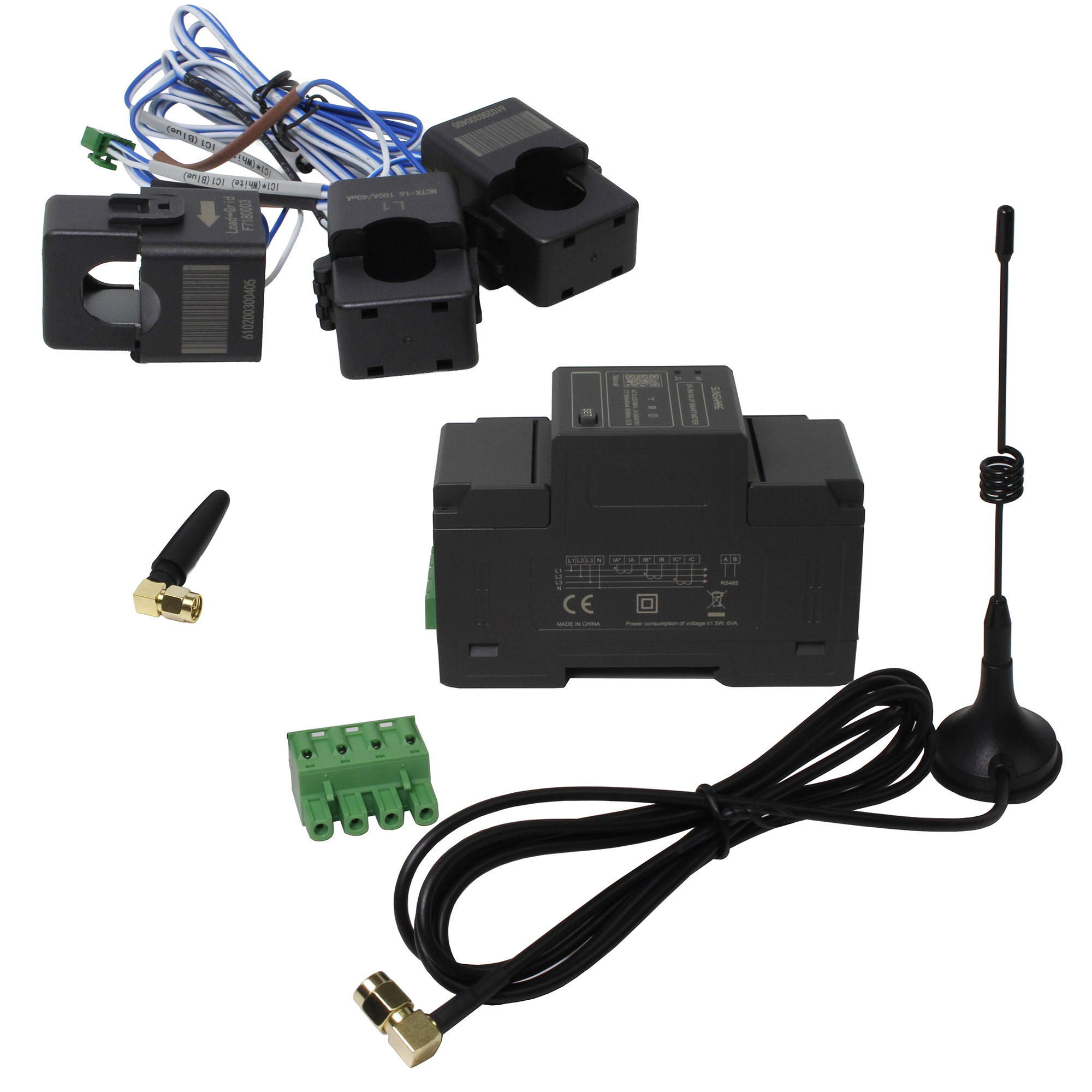 Ein Stromwandler, ein Smart Meter, ein Antenne, ein Kabel und ein grüner Klemmenblock.