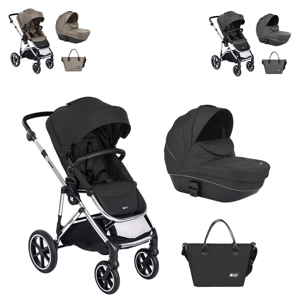 Ein schwarzer Kinderwagen, eine Babywanne und eine passende Tasche werden gezeigt. Zwei ähnliche Sets in Beige und Grau sind abgebildet.