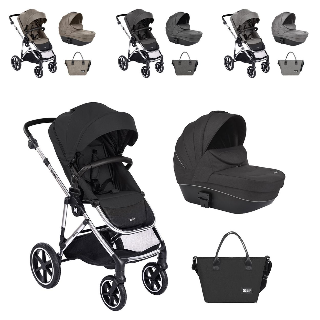 Mehrere Kinderwagen-Sets in Grau- und Beigetönen mit Zubehör.