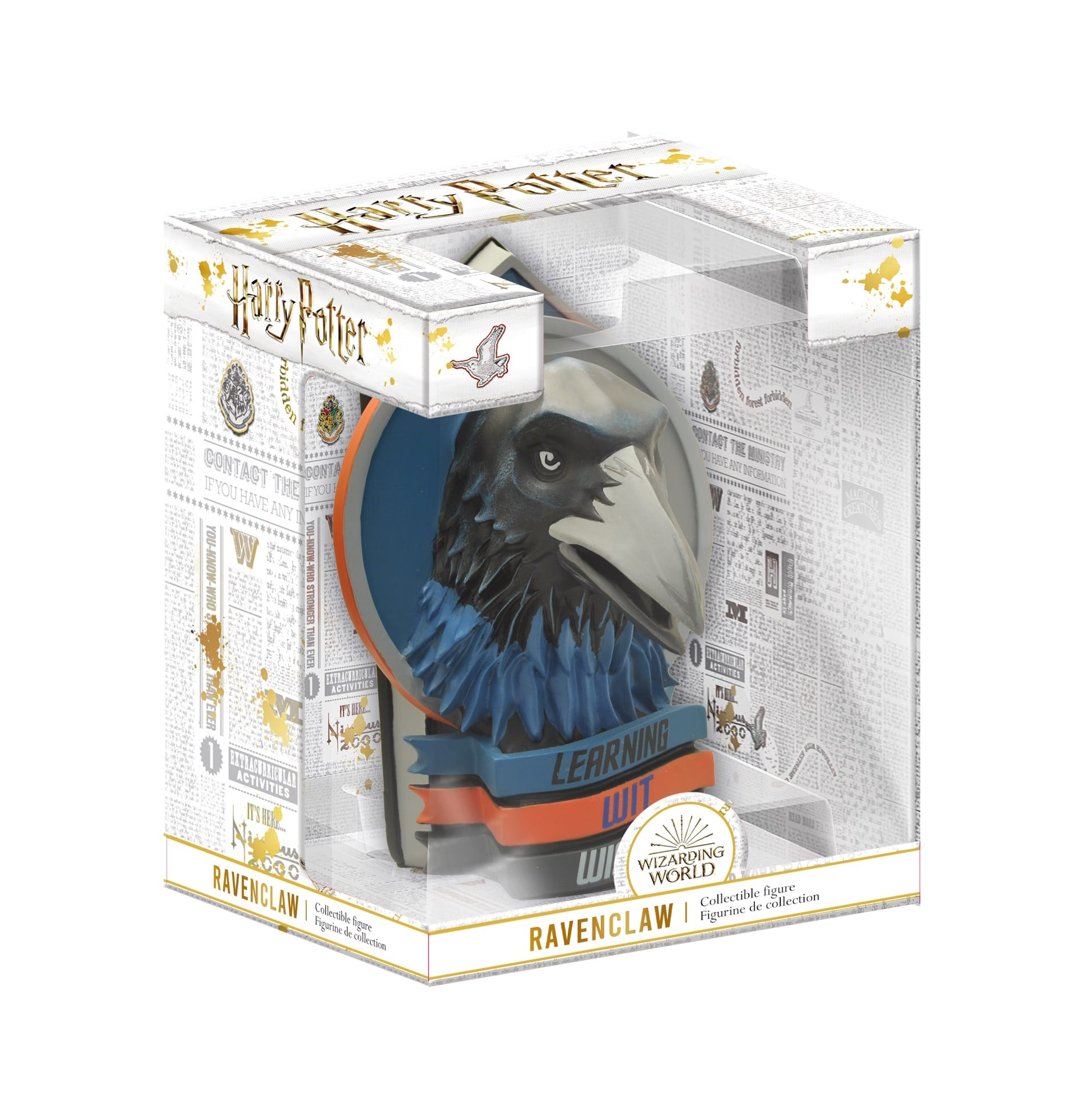 Harry Potter Ravenclaw Sammlerfigur mit einem stilisierten Rabenkopf und dem Wort 'LEARNING'.