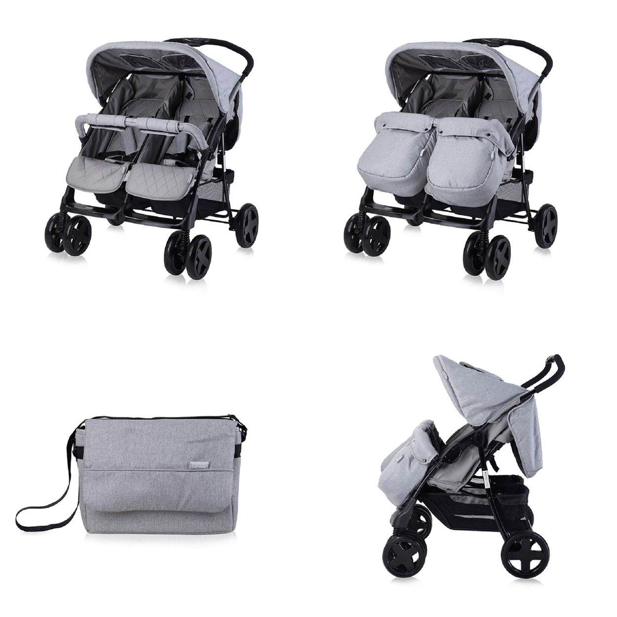Grauer Zwillingskinderwagen mit Zubehör: Ansichten von vorne, mit Fußsäcken, Tasche und Seite.