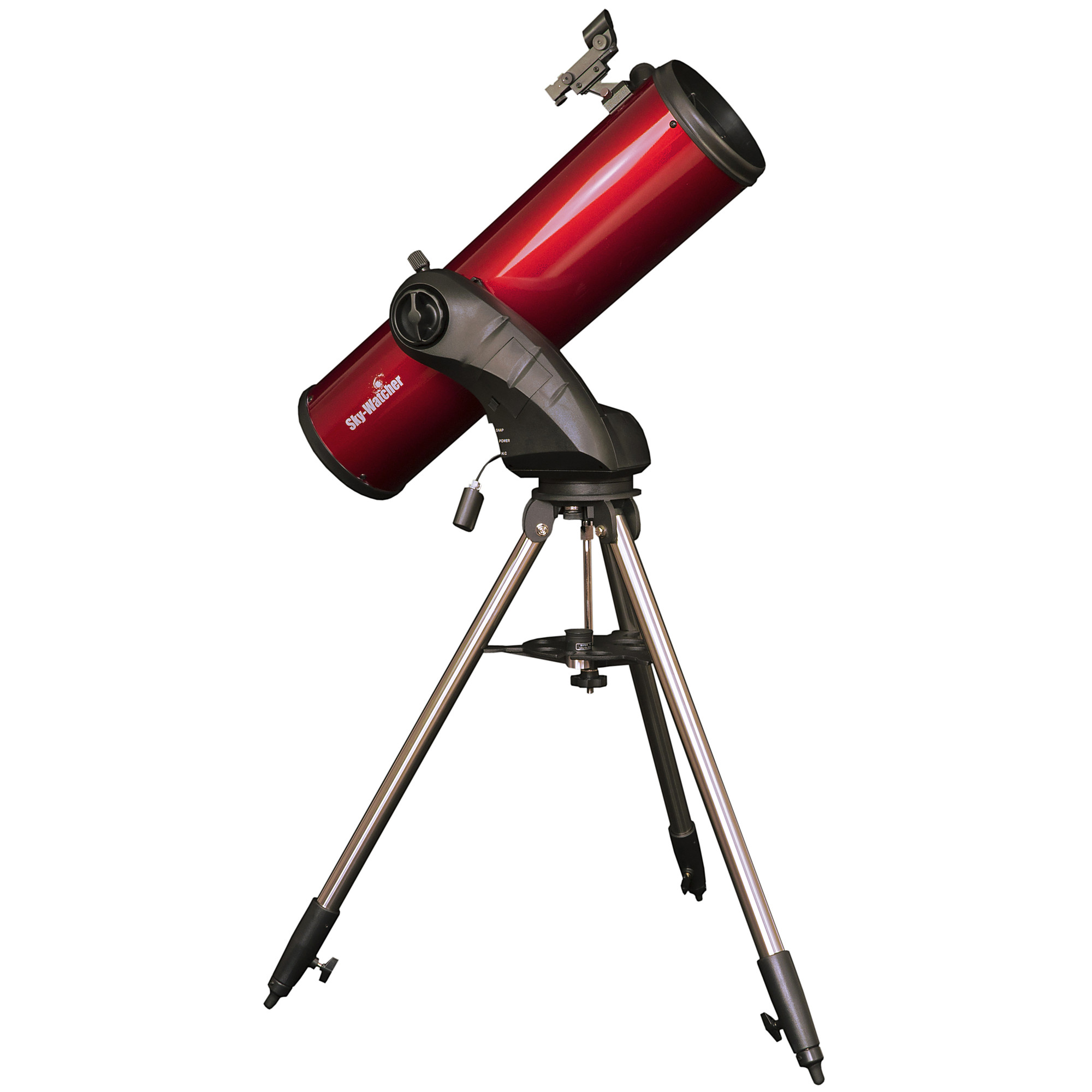 Ein rotes Sky-Watcher-Teleskop auf einem Metallstativ mit schwarzen Akzenten, auf weißem Hintergrund.