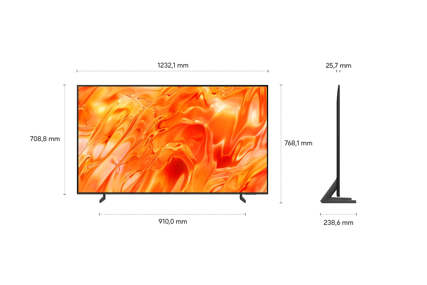 Vorder- und Seitenansicht eines schwarzen Fernsehers mit Maßen in mm.