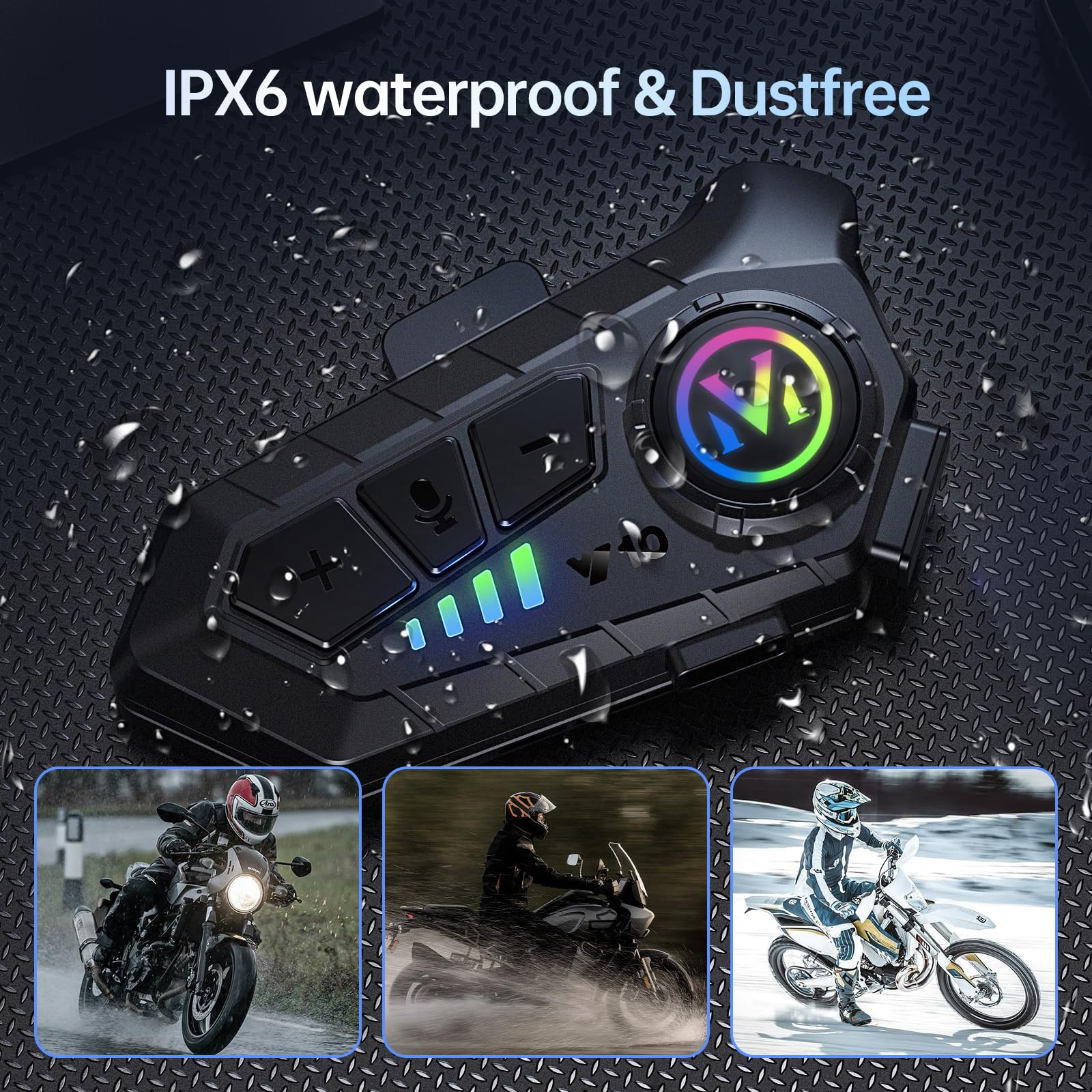 Wasserdichtes & staubfreies Motorrad-Kommunikationsgerät mit drei Fahrerszenen.