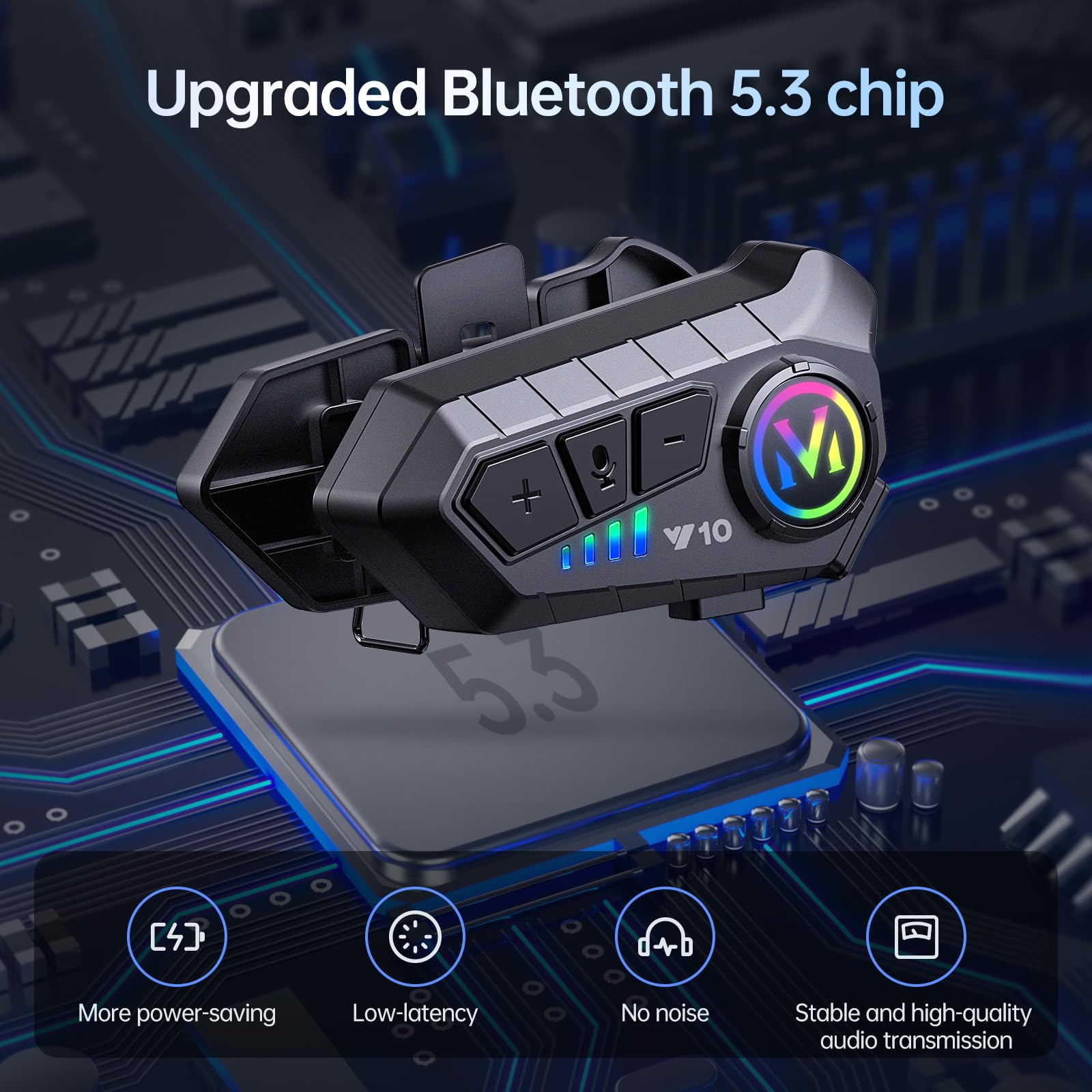 Ein schwarzer Bluetooth-Kopfhörer mit Tasten und LED-Anzeige auf einem stilisierten Leiterplattensockel.