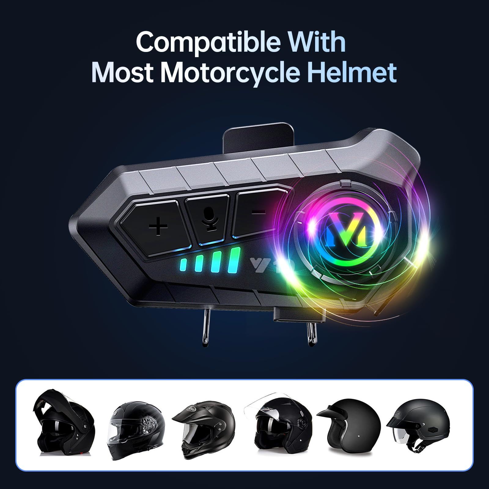 Motorradhelm-Kommunikationsgerät mit Lautstärke-, Mikrofon-Tasten u. LED-Lichtern. Sechs Helme abgebildet.