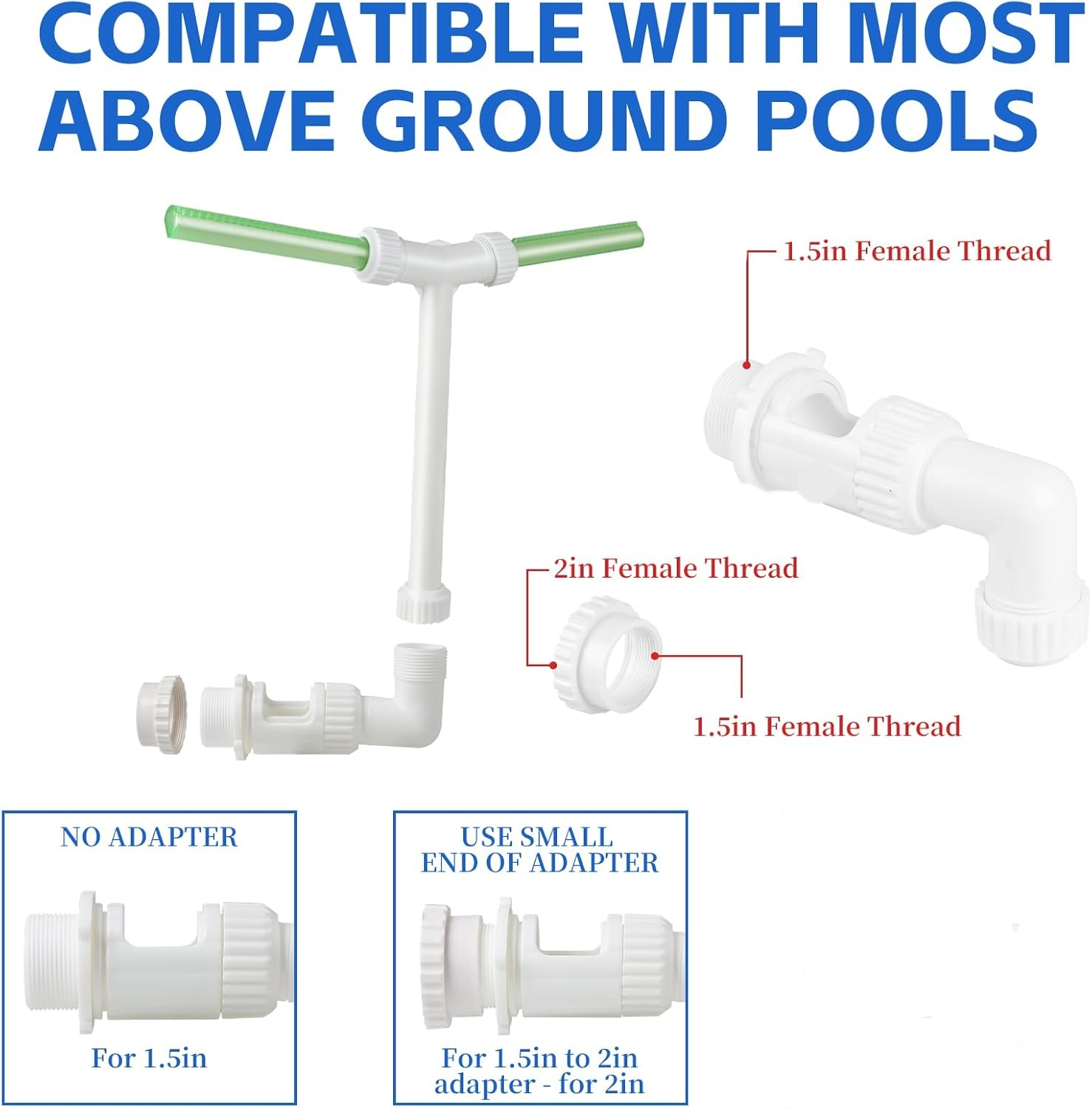 Weiße Pool-Adapterteile mit grünen Schläuchen, kompatibel mit Pools.