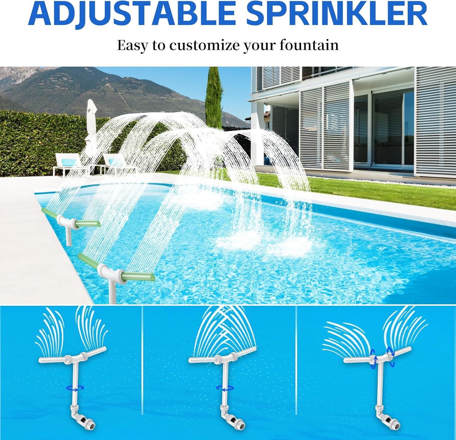 Sprinkleranlage mit Wasserfontänen in einem Pool vor einem modernen Haus.