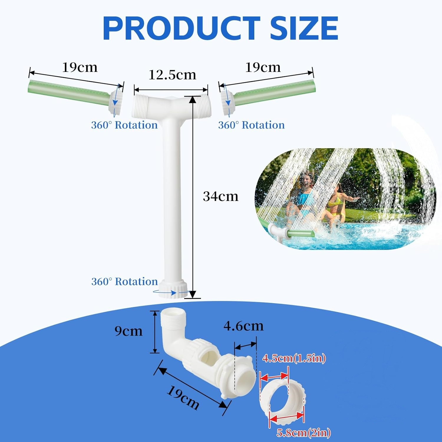 Produktgröße: weiße Wasserleitungsteile mit Maßen und drehende grüne Düsen.