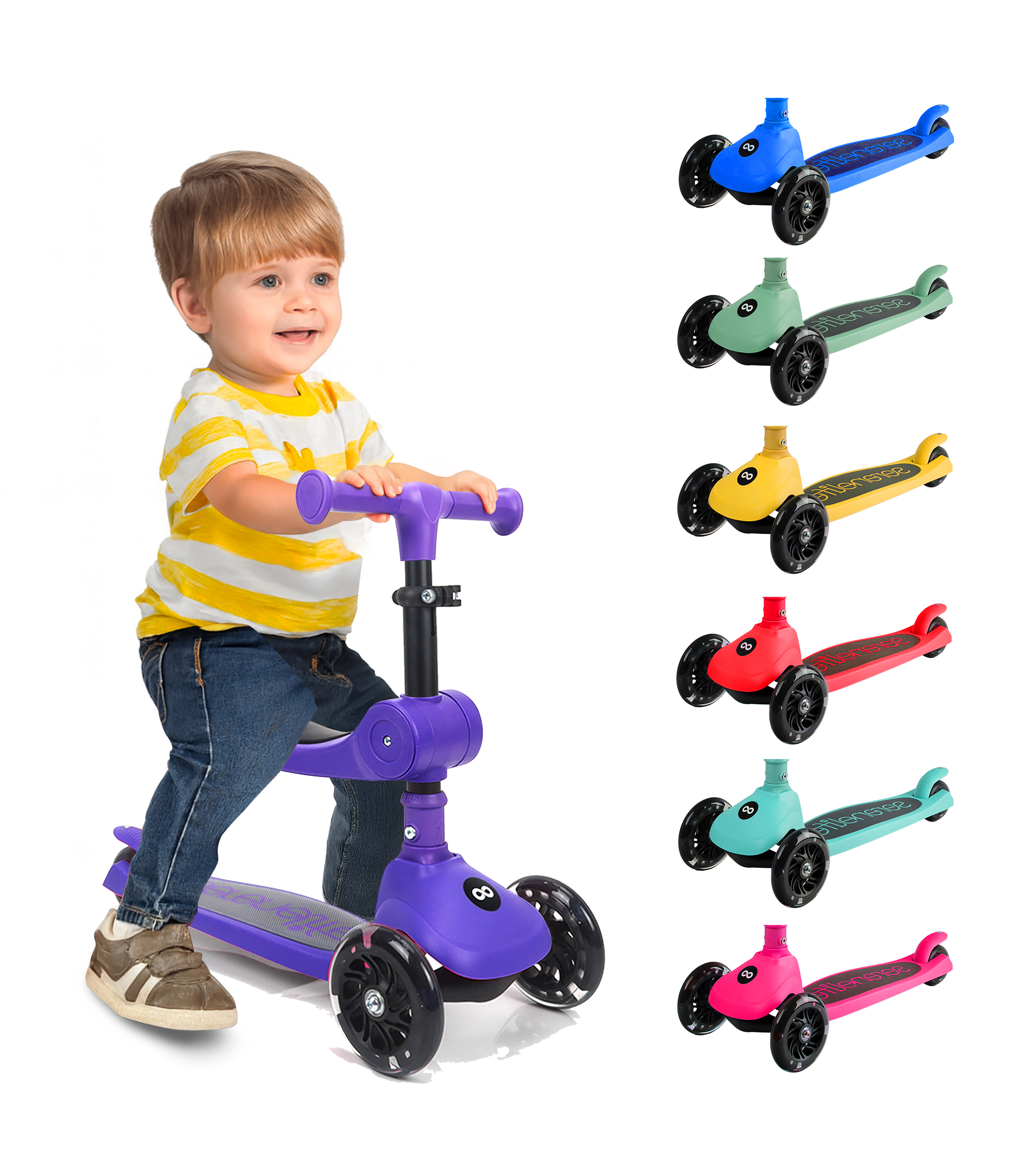 Ein Junge auf einem lila Roller sitzt, daneben sind Roller in Blau, Grün, Gelb, Rot, Türkis und Pink.