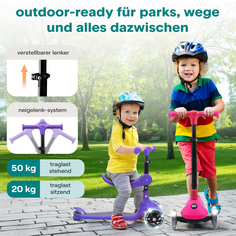 Zwei Kinder auf Roller im Freien. Einer auf einem violetten Roller, der andere auf einem pinken.