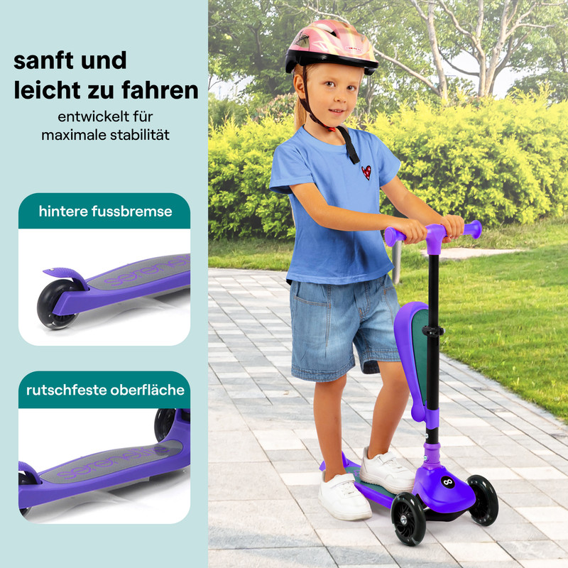 Ein Mädchen mit Helm fährt einen lila Roller im Freien.