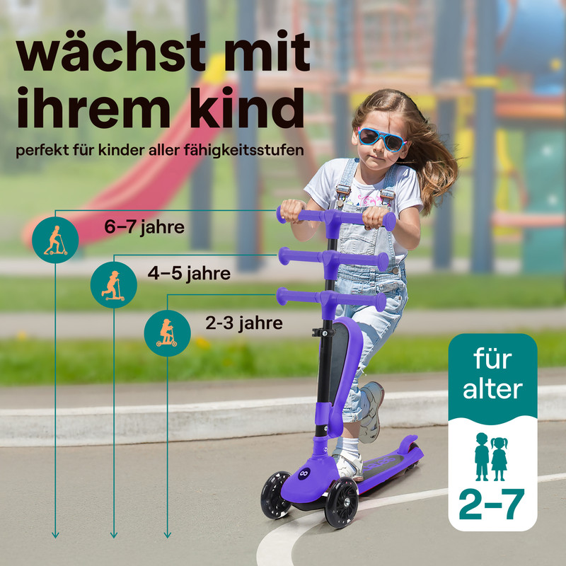 Mädchen auf einem lila Roller mit verstellbarem Lenker, für 2-7 Jahre.