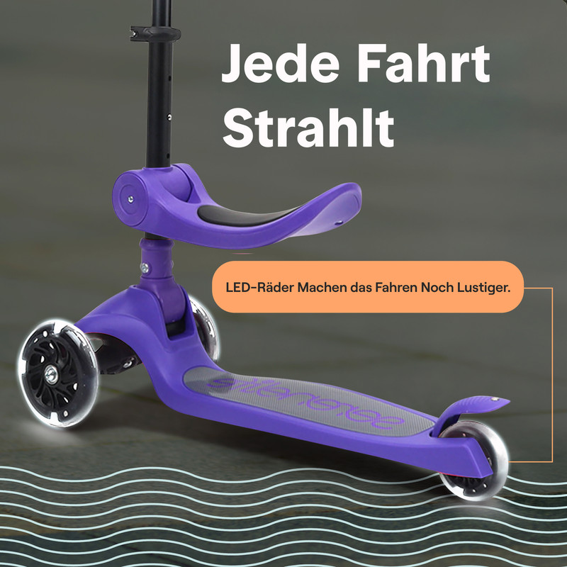 Ein lila Roller mit Sitz und leuchtenden Rädern steht auf einem dunklen Untergrund.