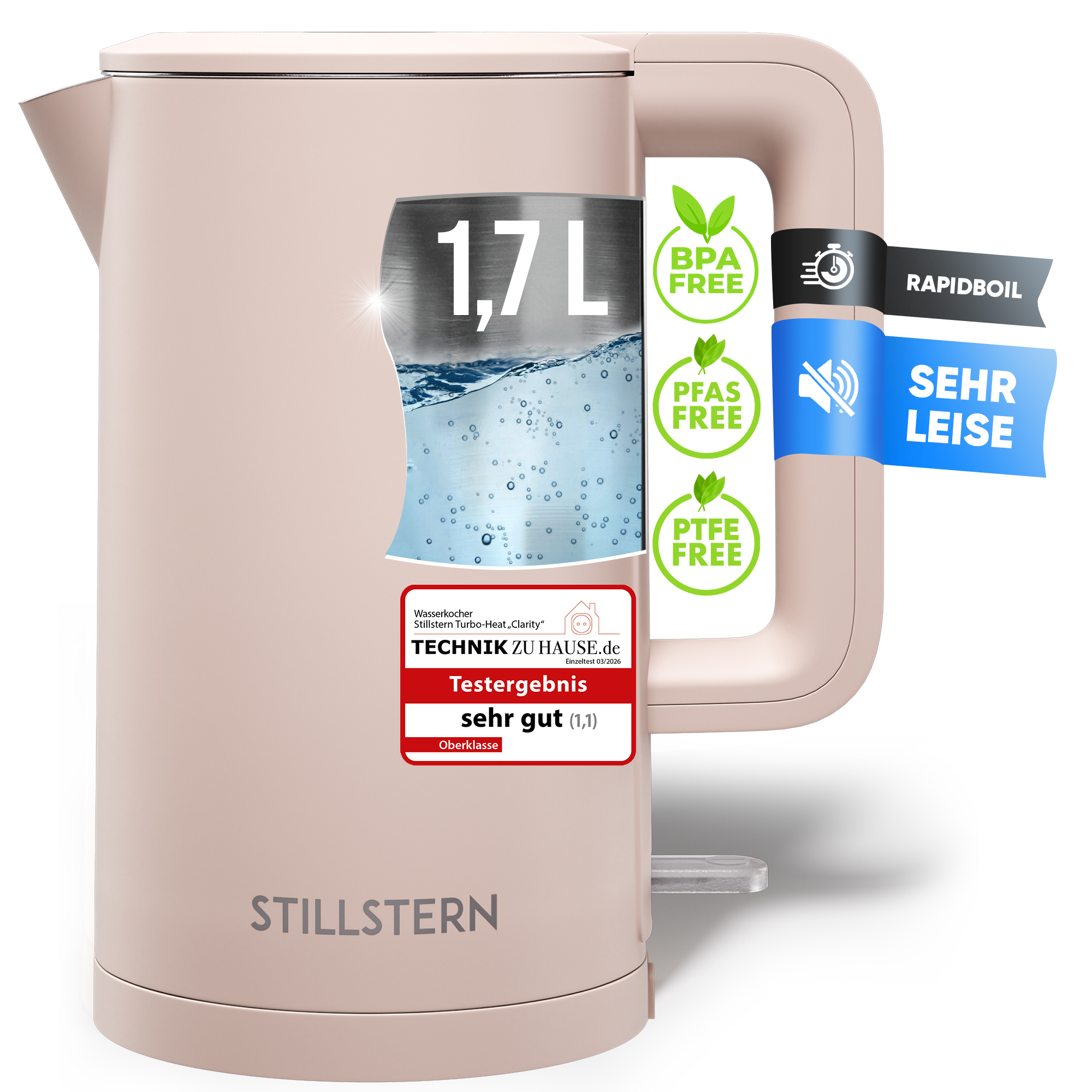 Ein beiger Wasserkocher mit 1,7 L Kapazität, BPA/PFAS/PTFE frei und leise.