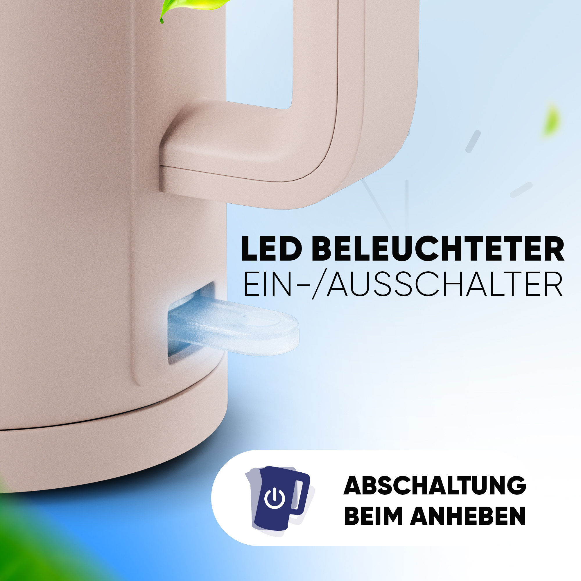 Ein beiger Wasserkocher mit blauem beleuchtetem Schalter und einem Power-Symbol.