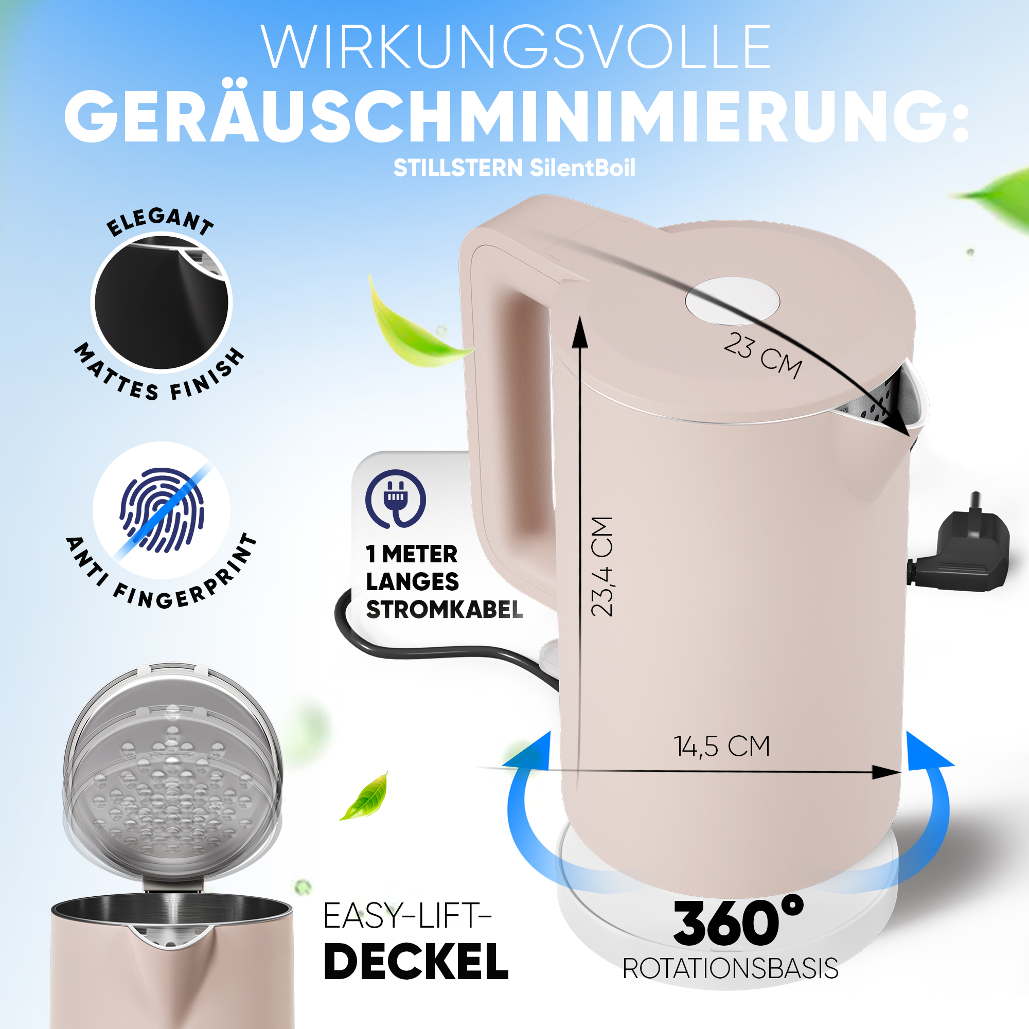 Ein beiger Wasserkocher mit 360° Basis, 23,4 cm Höhe, 14,5 cm Breite, 23 cm Tiefe.