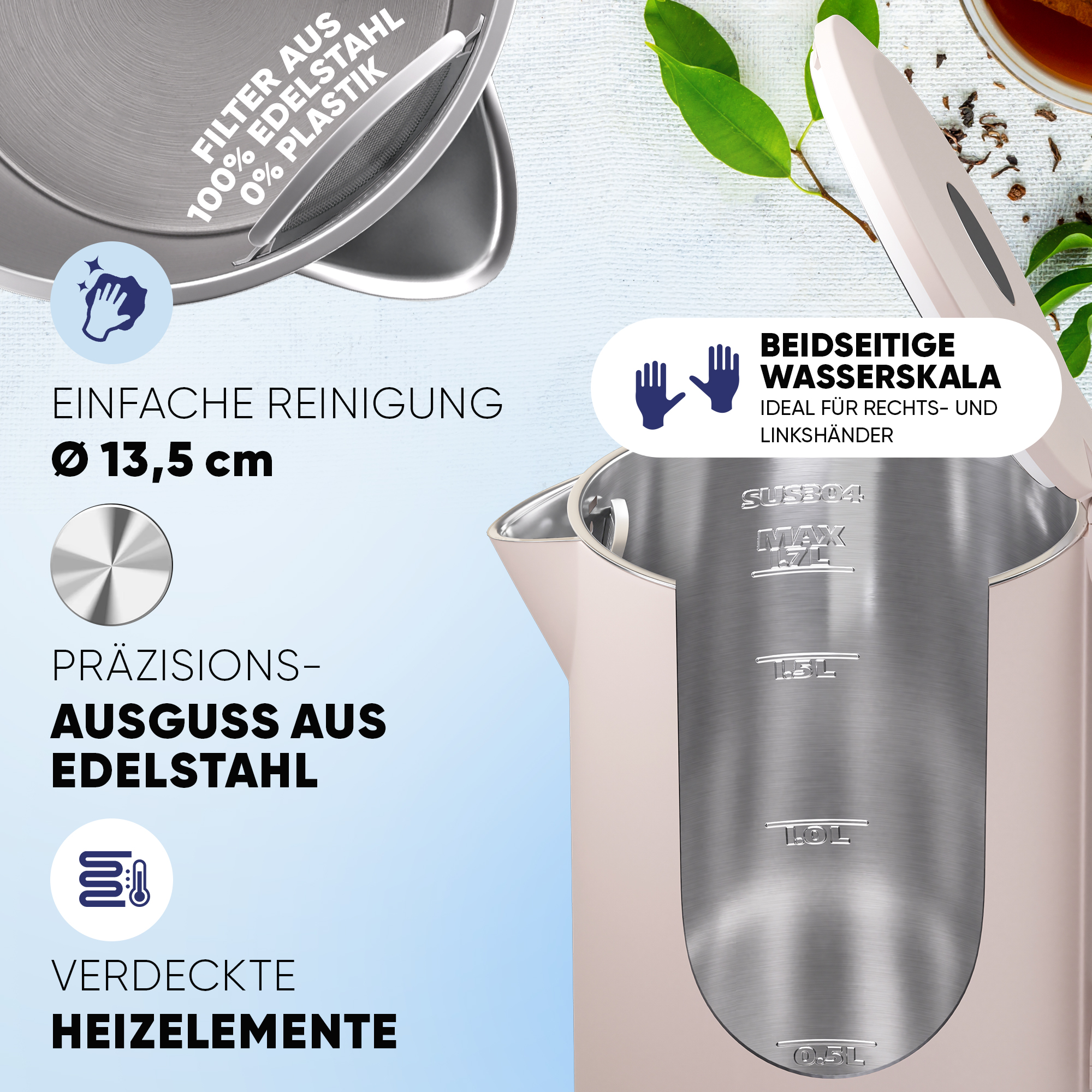 Ein beiger Wasserkocher mit Edelstahl-Innenraum und Skala. Merkmale: Filter, Reinigung, Ausguss, Heizelemente.
